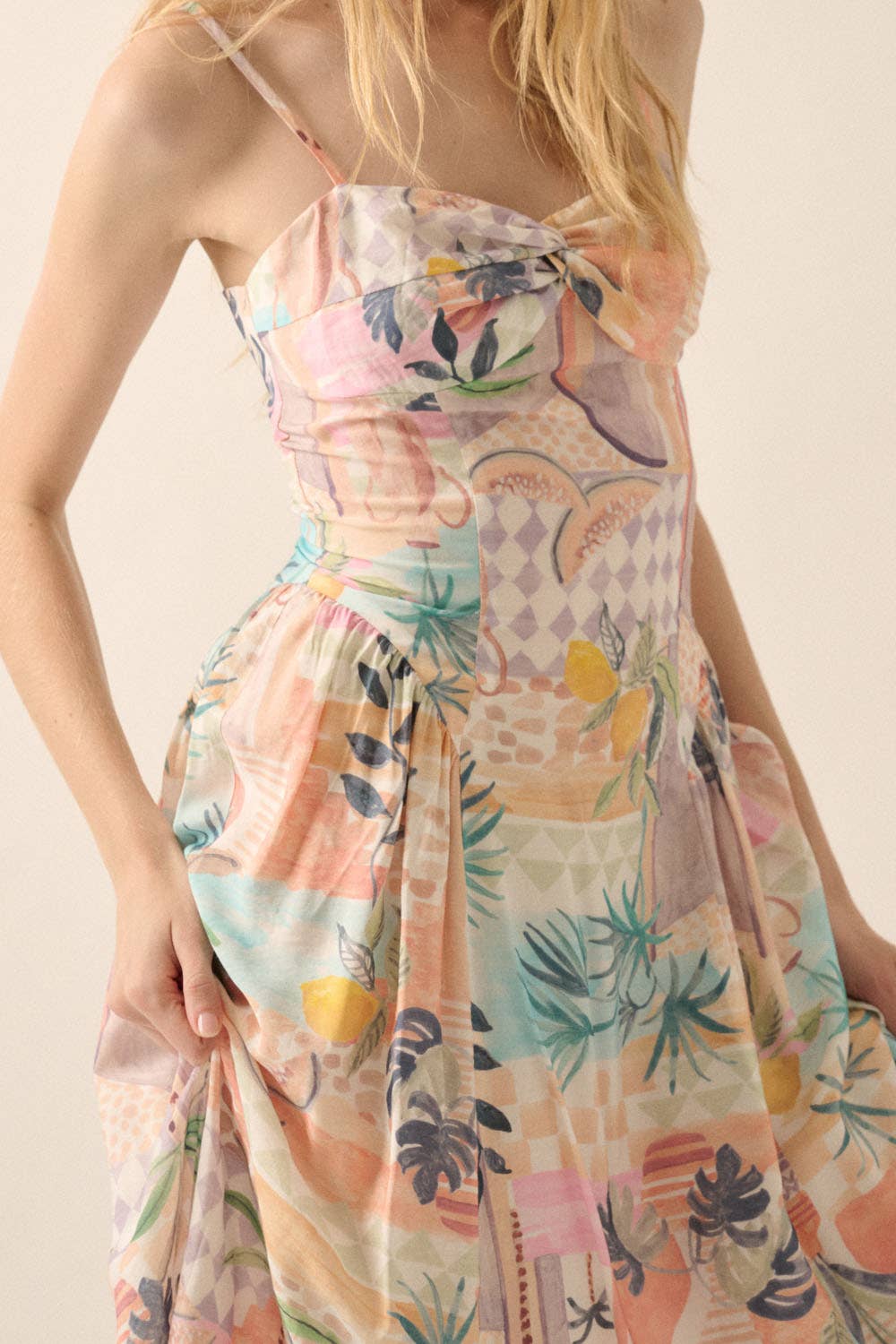 Tropical Motif-Print Twist-Front Cami Midi Dress