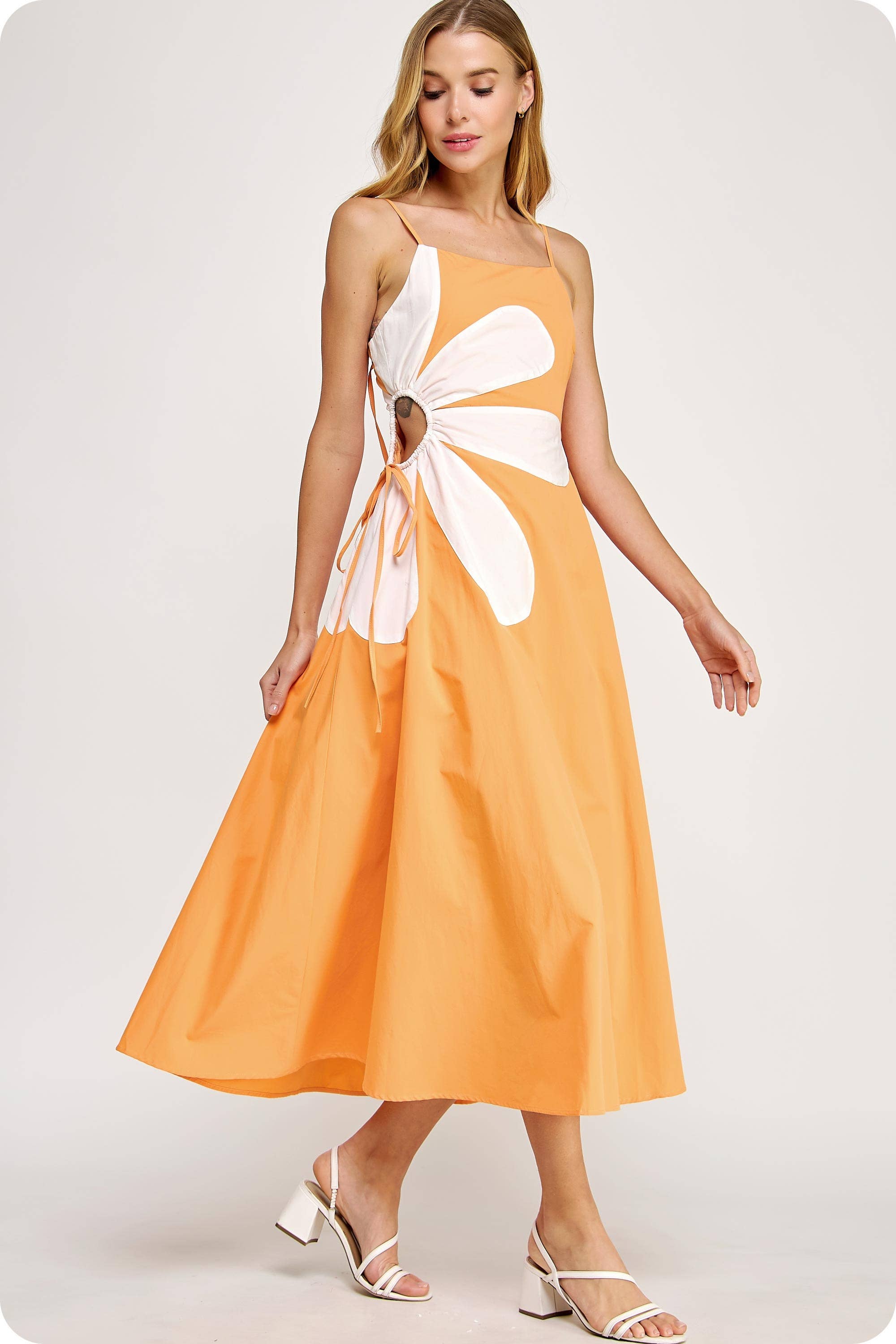 Sleeveless Side Cut-Out Flower Detail Midi Dress