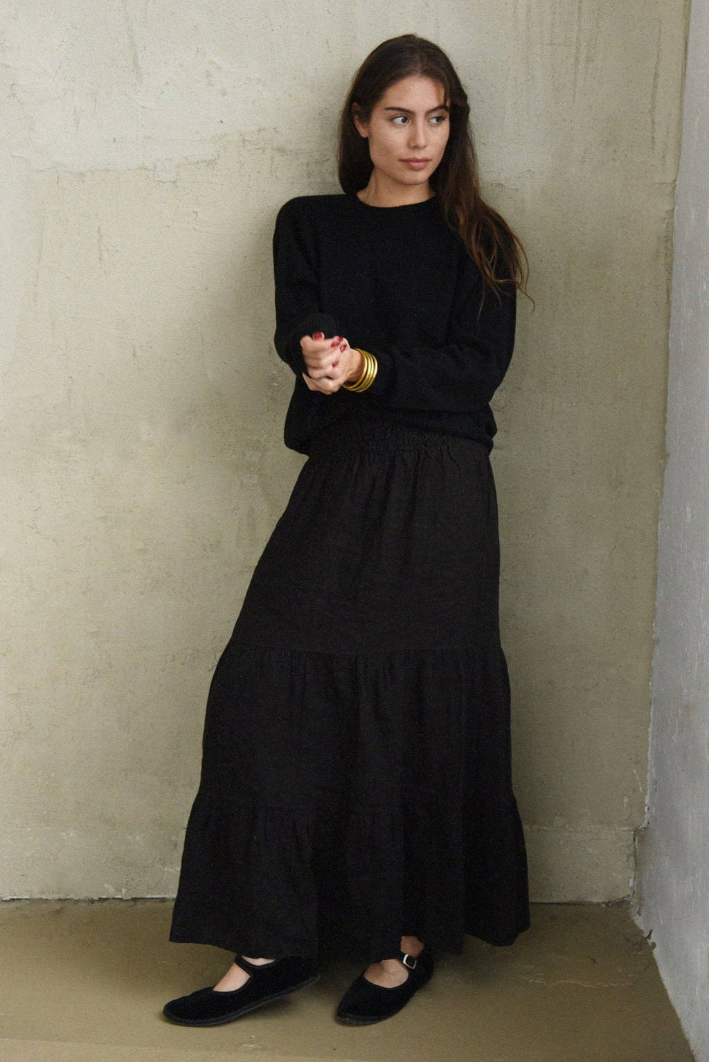 Florence Linen Tiered Skirt – Noir