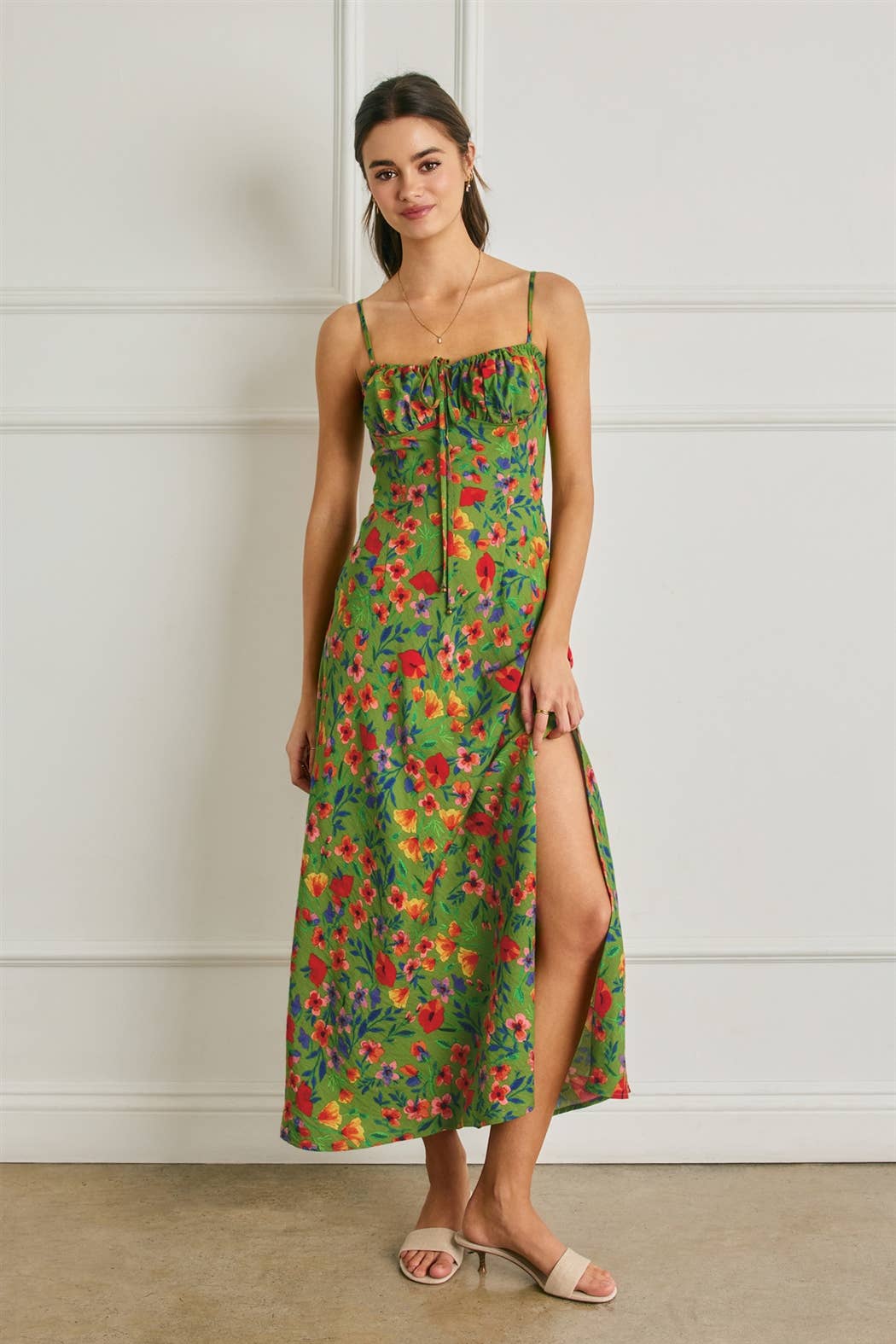 Floral Ruched Bust Slit Dress