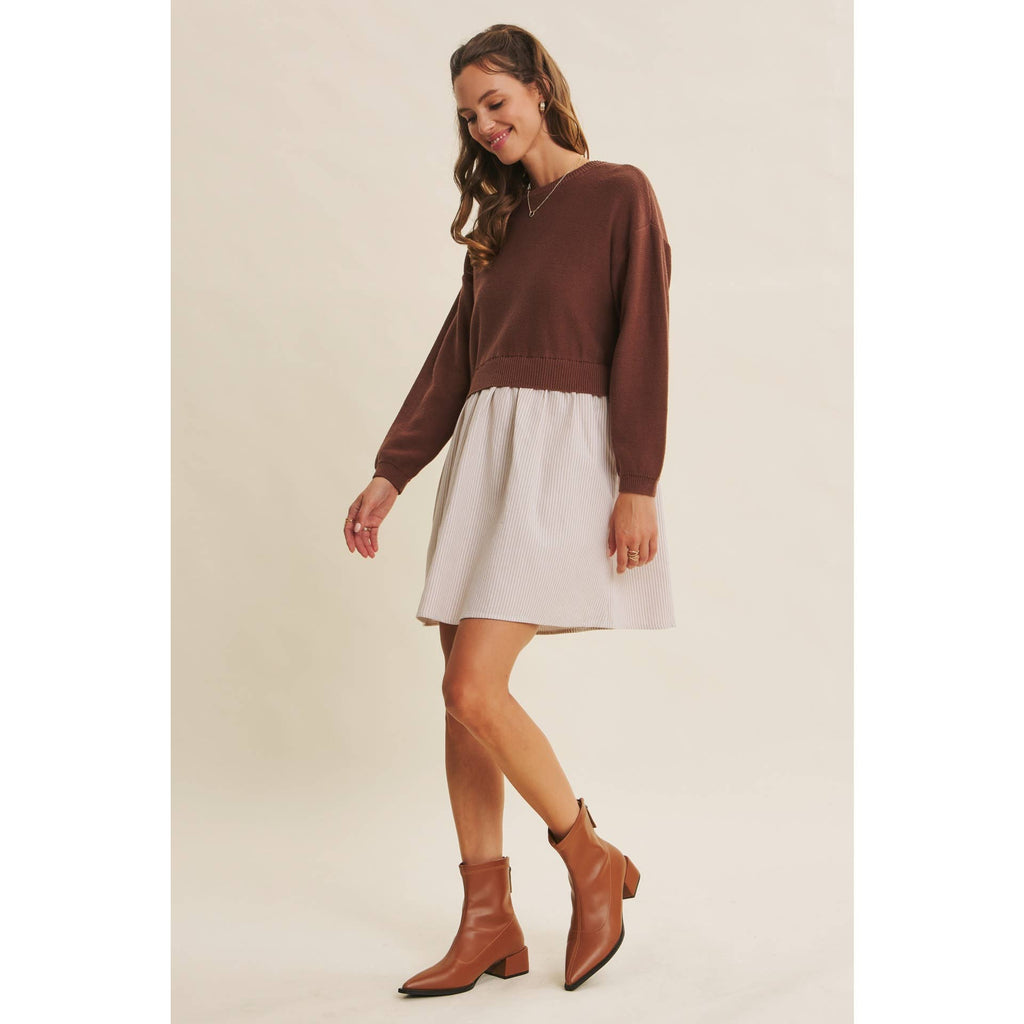 EASY COFFEE DATE BACK RIBBON TWOFER MINI SWEATER DRESS