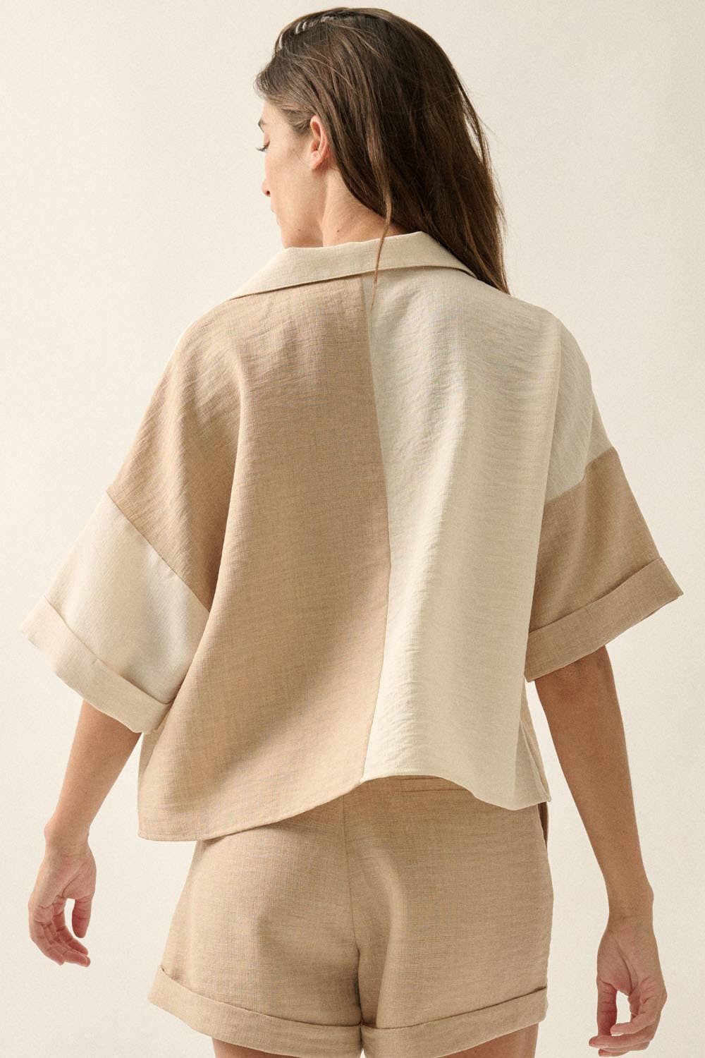 Woven Colorblock Button-Up Short-Sleeve Collared Shirt