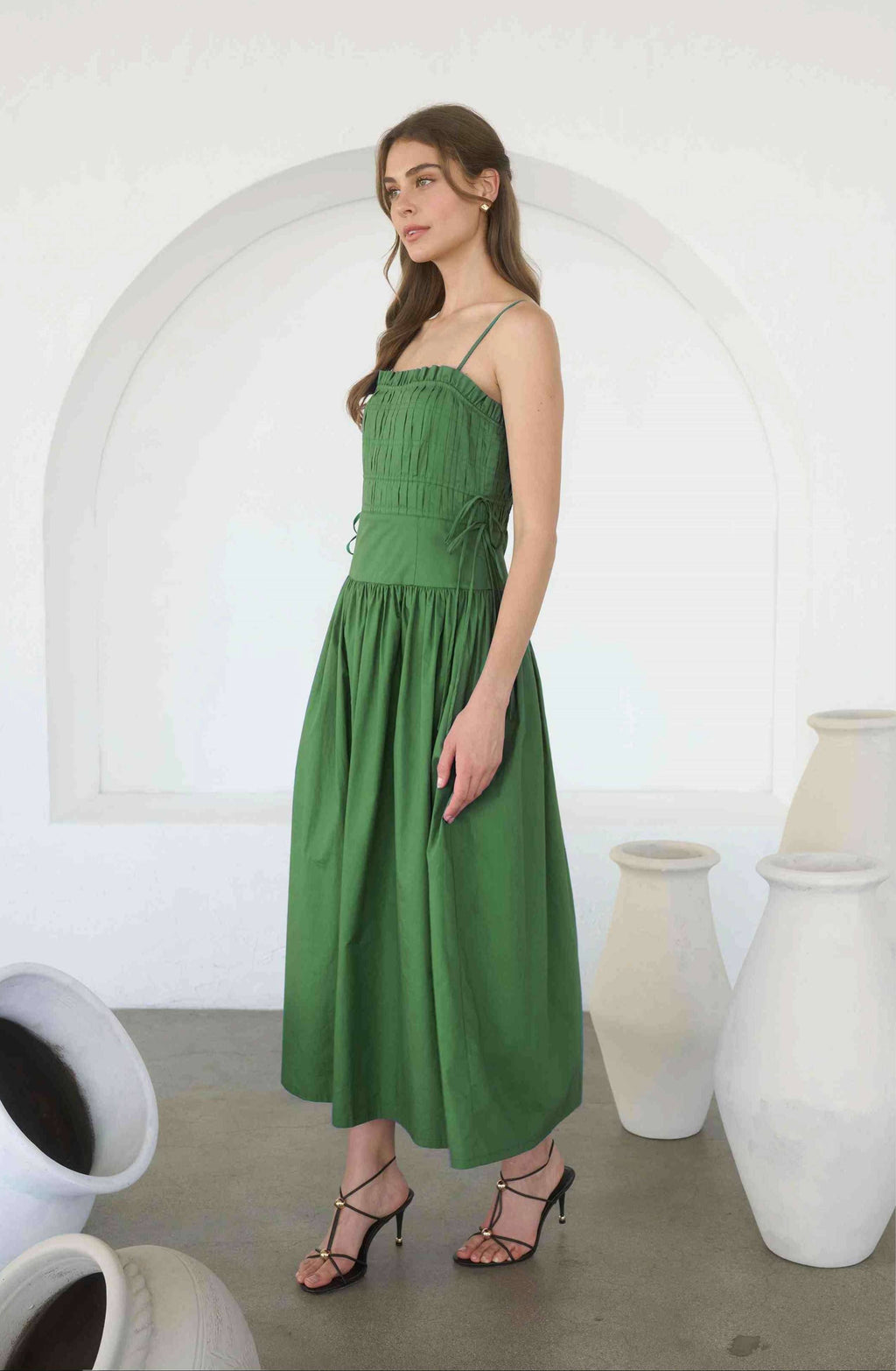 EMMIE SIDE TIE STRAP DETAIL PLEATED MIDI DRESS