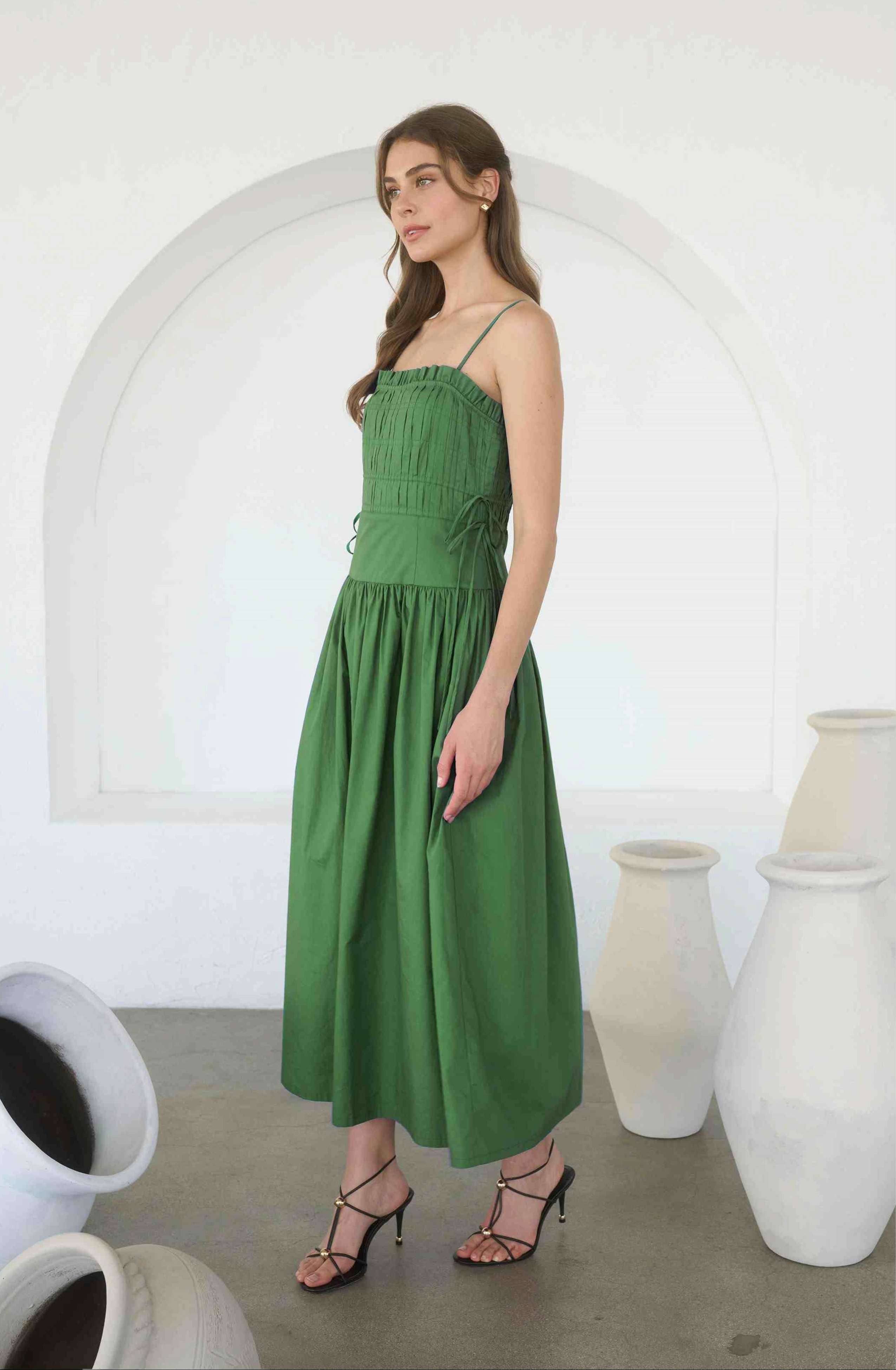 EMMIE SIDE TIE STRAP DETAIL PLEATED MIDI DRESS