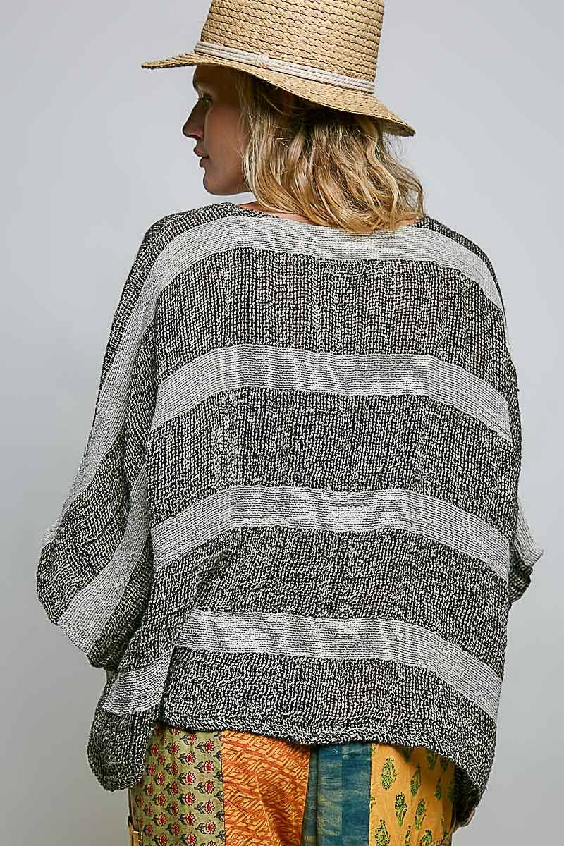 V Neck Short Sleeve Linen Stripe Pattern Woven Top