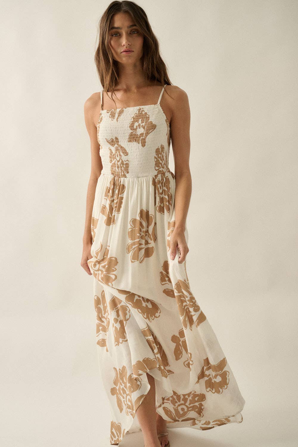 Floral-Print Smocked Open-Back Maxi Dress