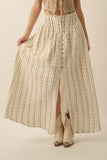 Floral-stripe Yoke-Waist Button-Front Maxi Skirt