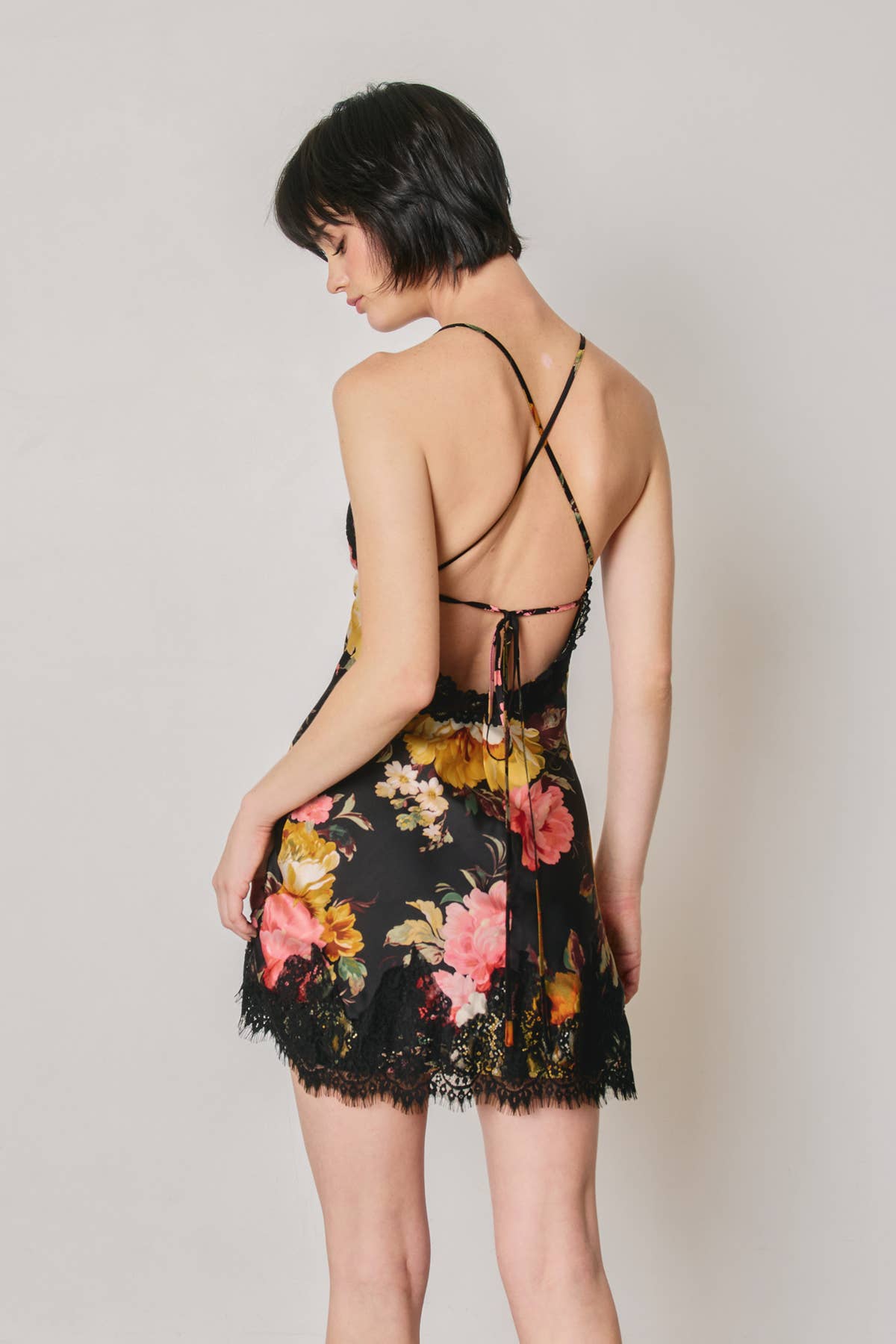 Floral Lace Trim Slip Mini Dress
