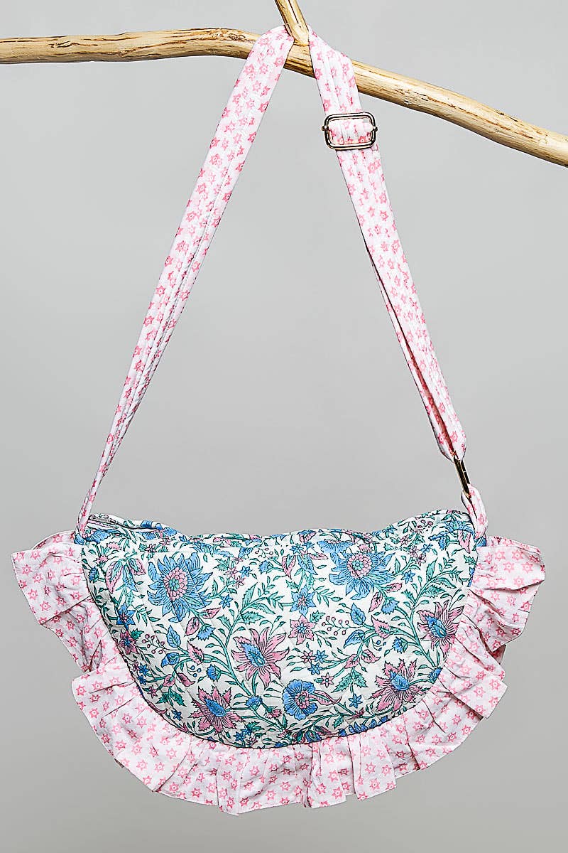 Half Moon Quilted Floral Ruffle Crossbody Bag