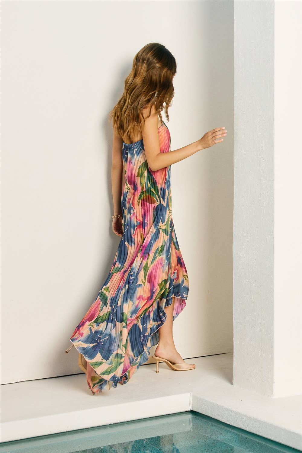 Floral Strapless Pleated Maxi Column Dress