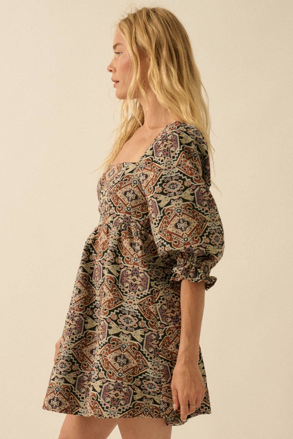 Ornate Jacquard Tapestry Babydoll Mini Dress