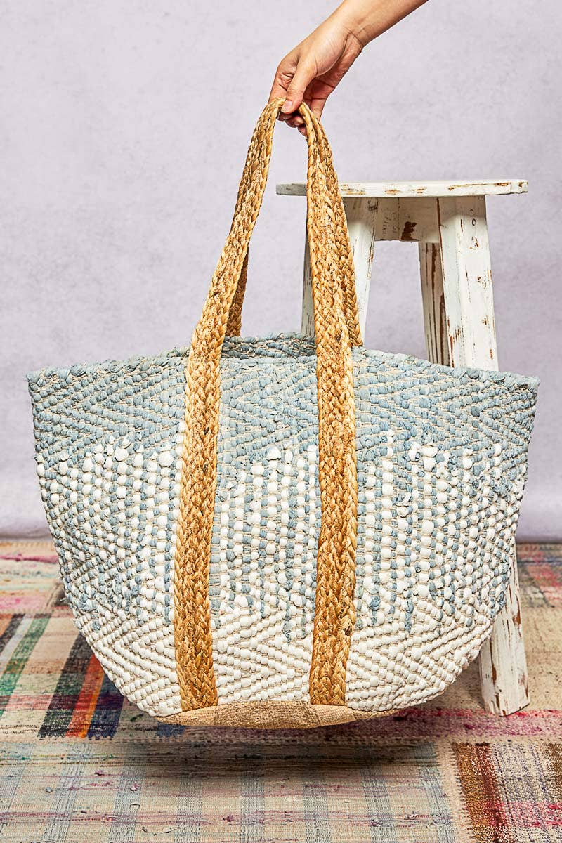 Denim Crochet Woven Tote Bag Boho Dotted Texture