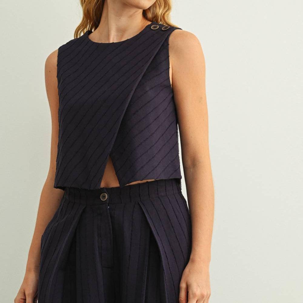 Textured Sleeveless Wood Button Top