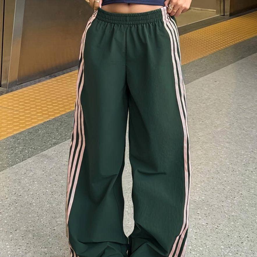 Drawstring track striped wide-leg pants