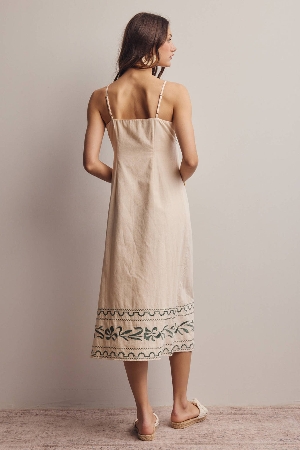 Embroidered Straight-Neck Cotton Midi Dress