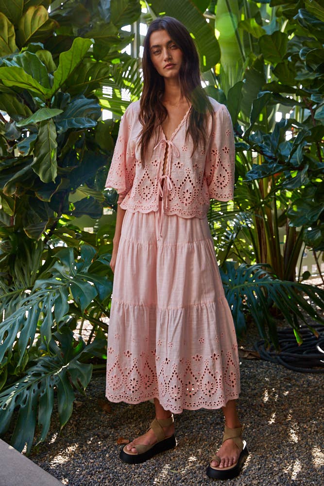 Woven Cotton Embroidered V-Neck Open Top