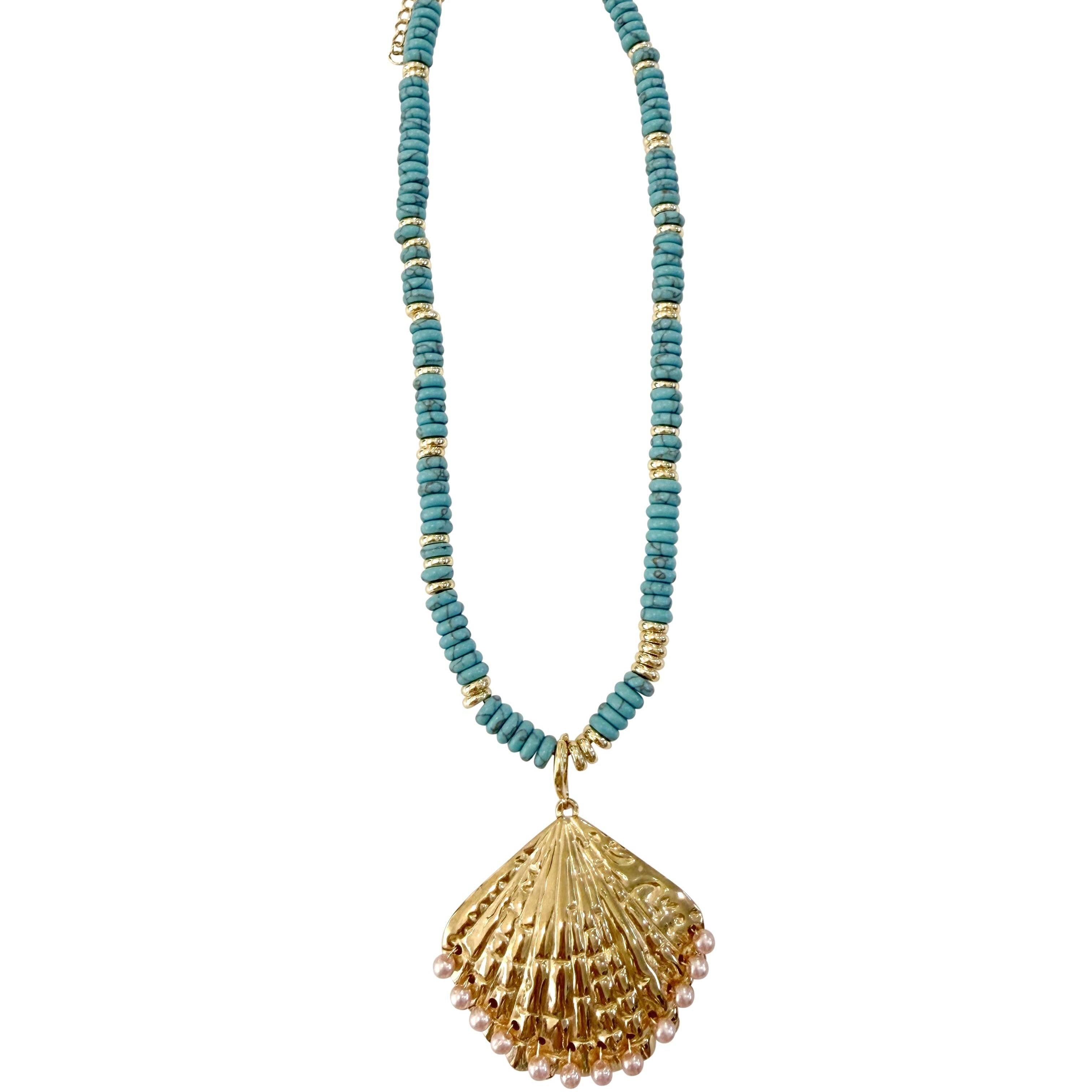 Sunlee Turquoise Beaded Necklace with Shell Pendant