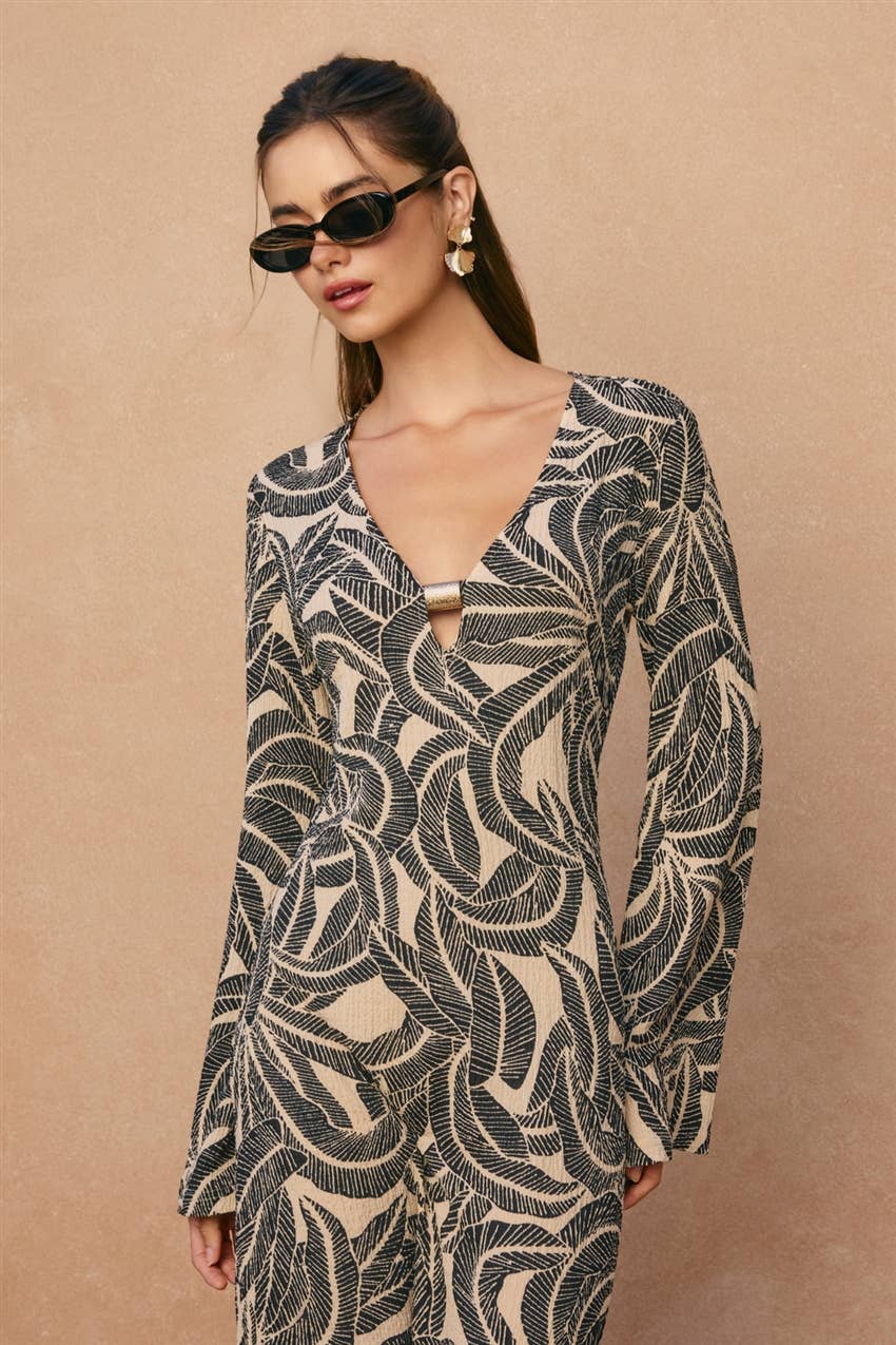 Tropical Leaf Gold Trim Bell Sleeve Maxi Dress