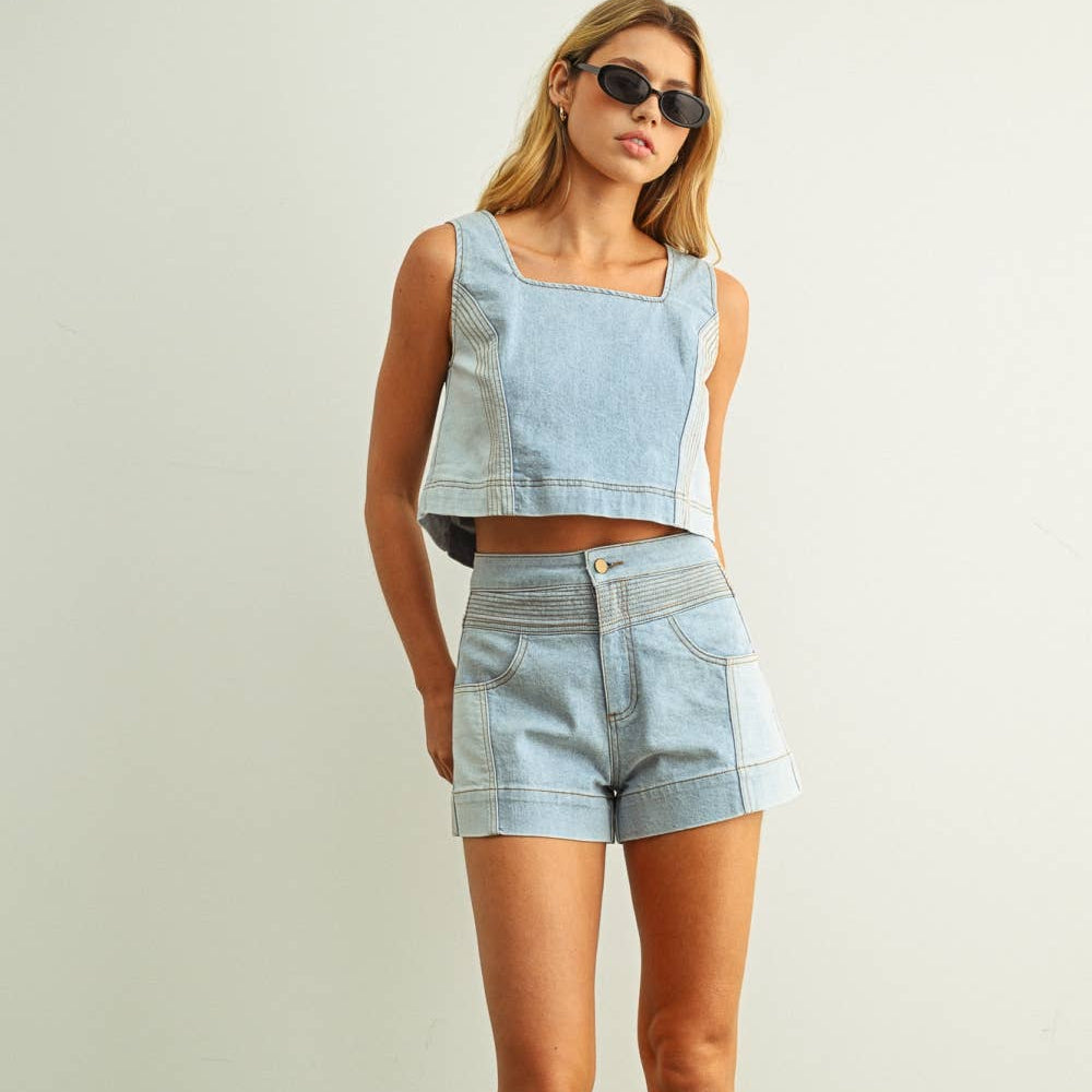 DENIM COLOR BLOCKED SLEEVELESS TOP