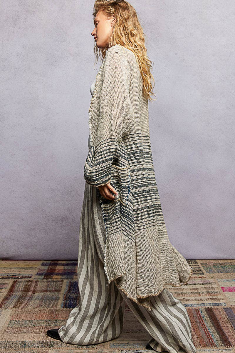 V-Neck Solid Stripe Linen Long Sleeve Cardigan