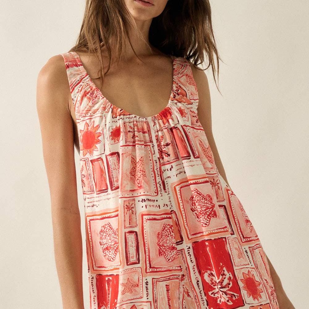 Tropical-Print Scoop-Neck Sleeveless Wide-Leg Pocket Romper