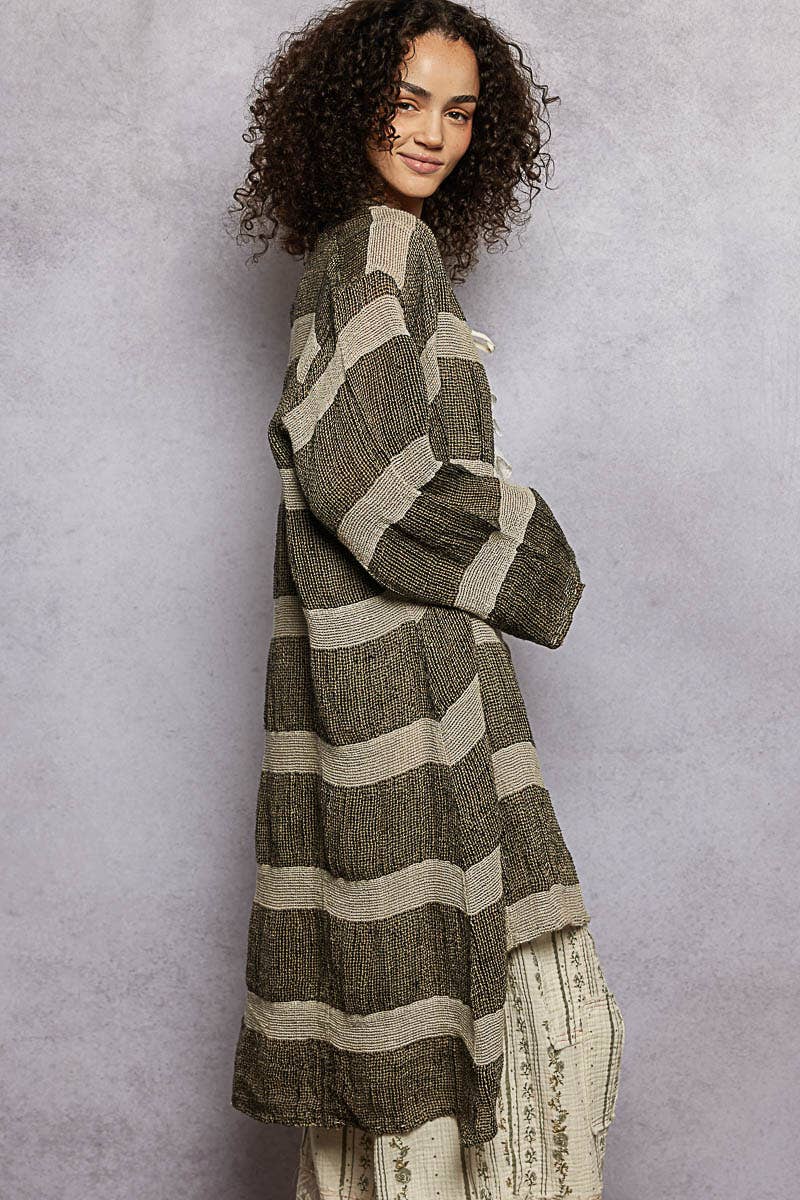 3/4 Sleeve Stripe Linen Open Cardigan