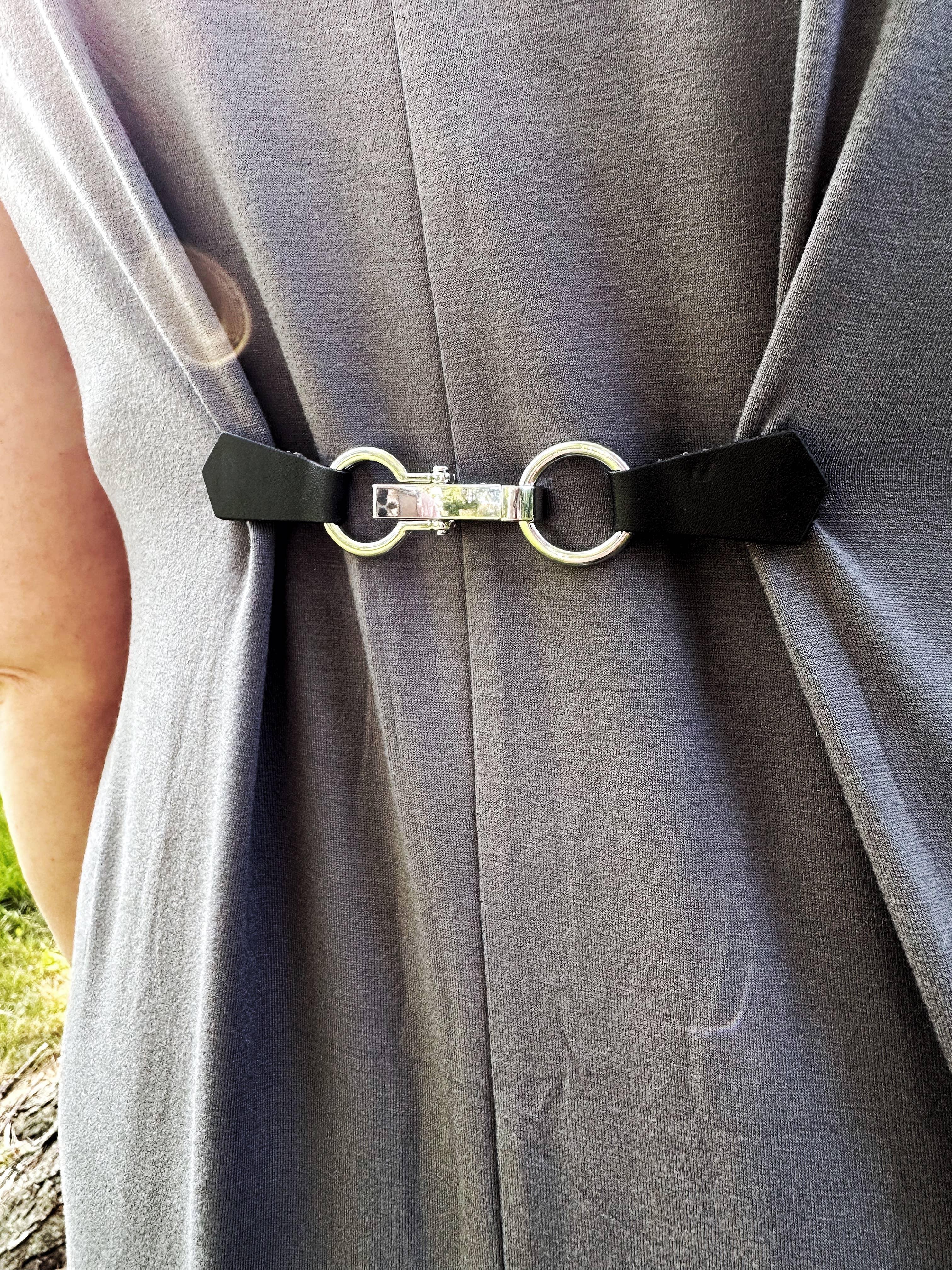 Silver Buckle & Black Leather Cinch Clip for Dress, Cardigan