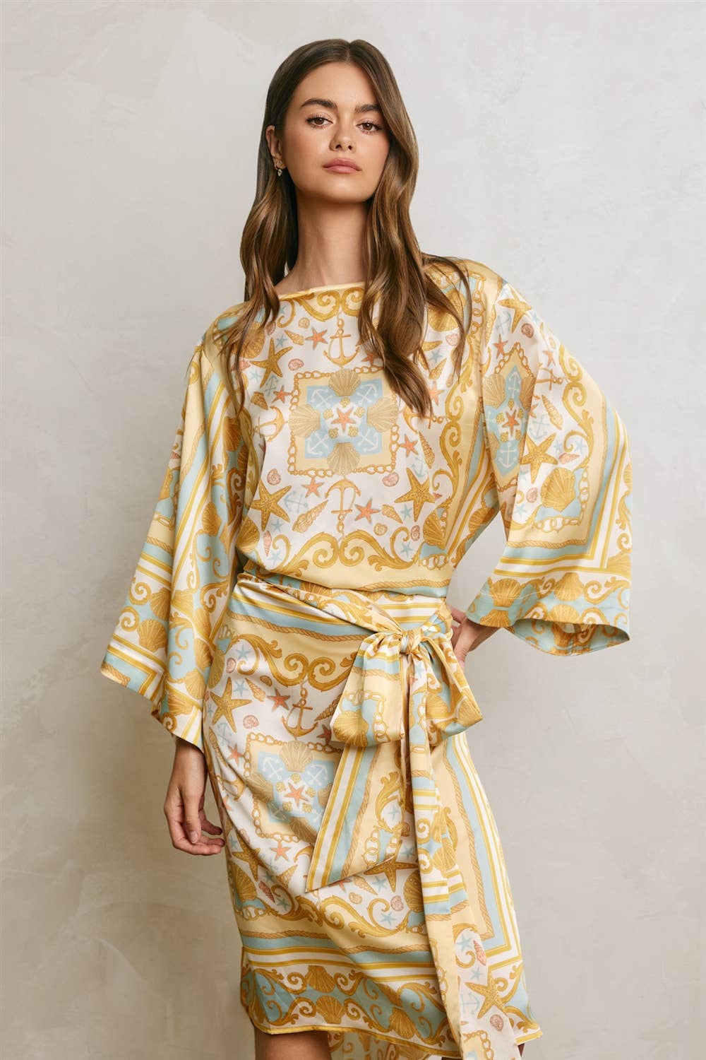 Conversational Scarf Satin Sash Kaftan Dress