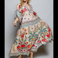 Boho Deep V-Neck Floral Balloon Sleeve Long Dress