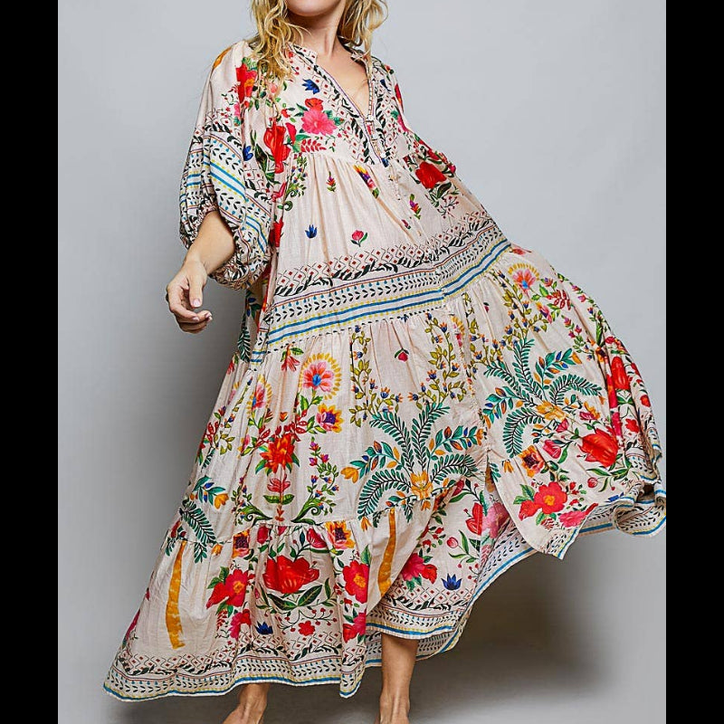 Boho Deep V-Neck Floral Balloon Sleeve Long Dress