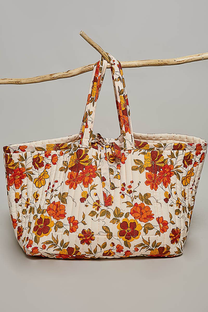 Ribbon-Tie Quilted Floral Jumbo Tote Bag