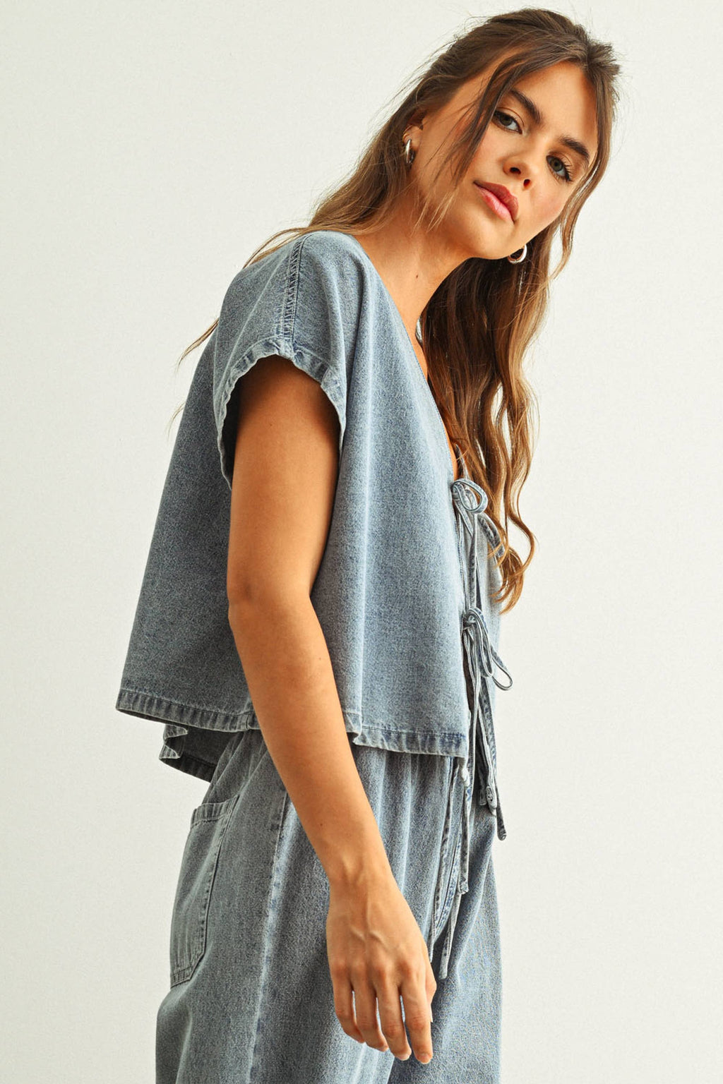 DENIM TIED FRONT BLOUSE