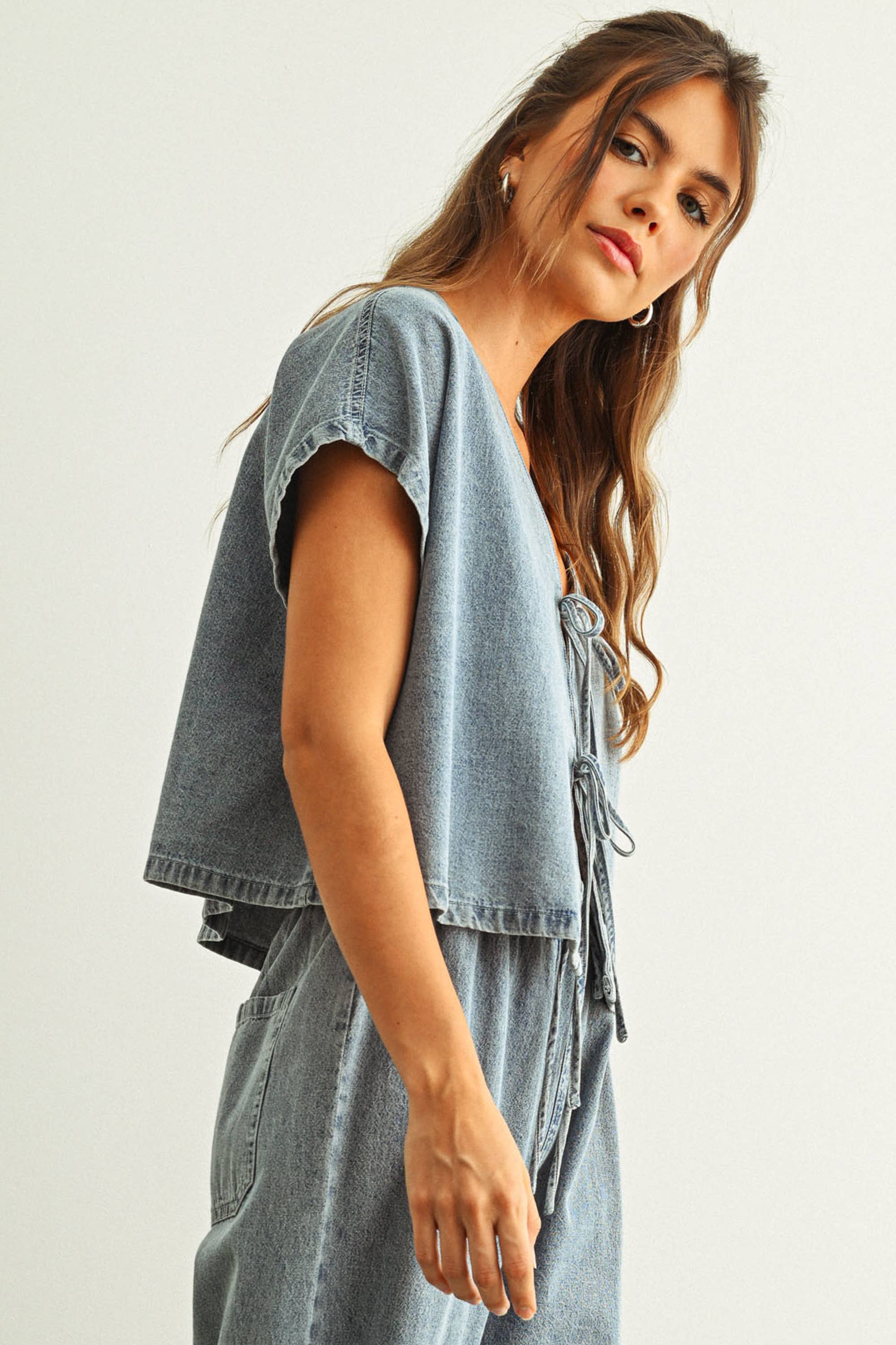 DENIM TIED FRONT BLOUSE