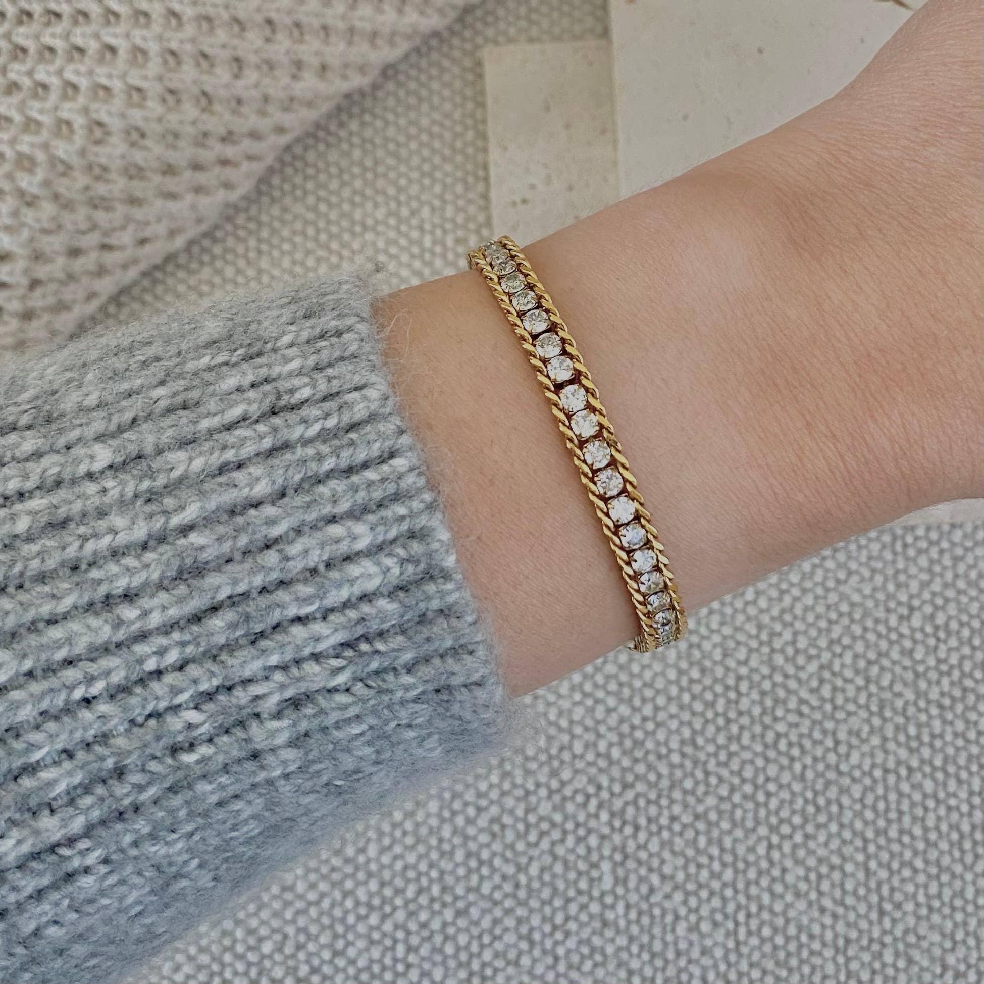 Braided chain and rhinestones tennis bracelet 18k GP