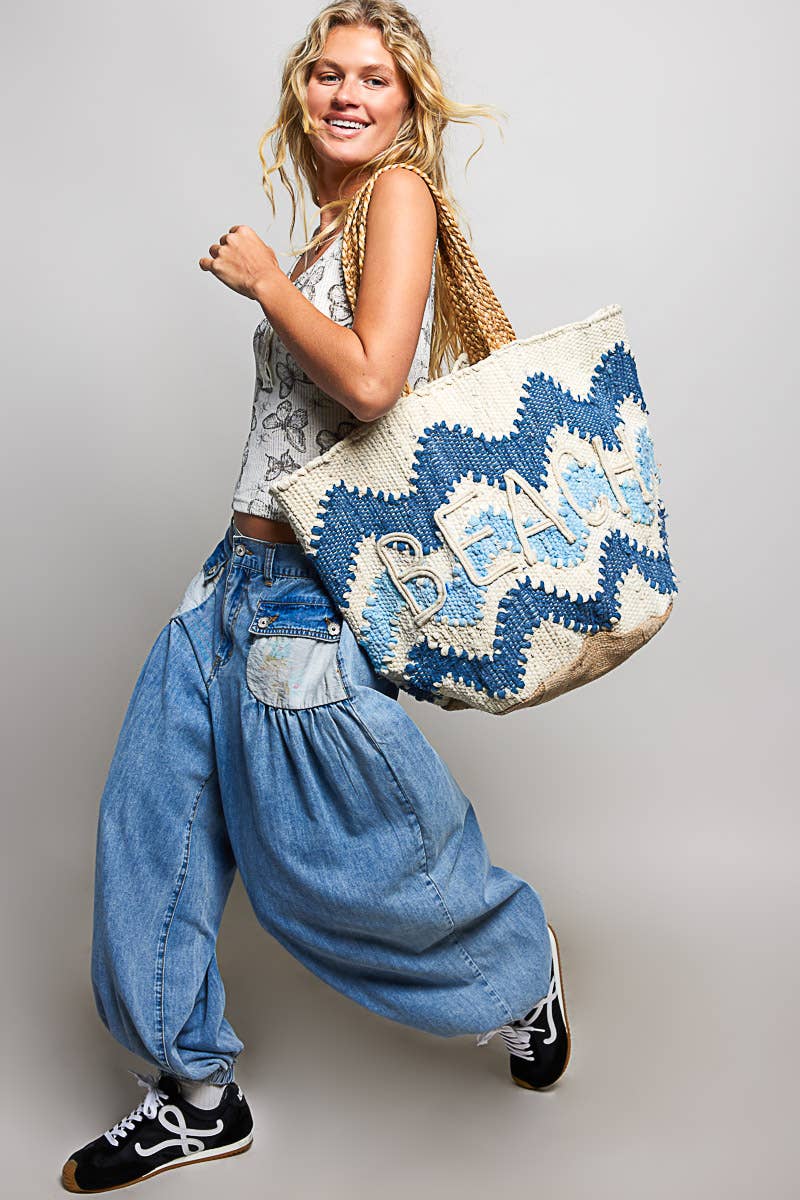 Beach Letter Woven Braided Tote Bag