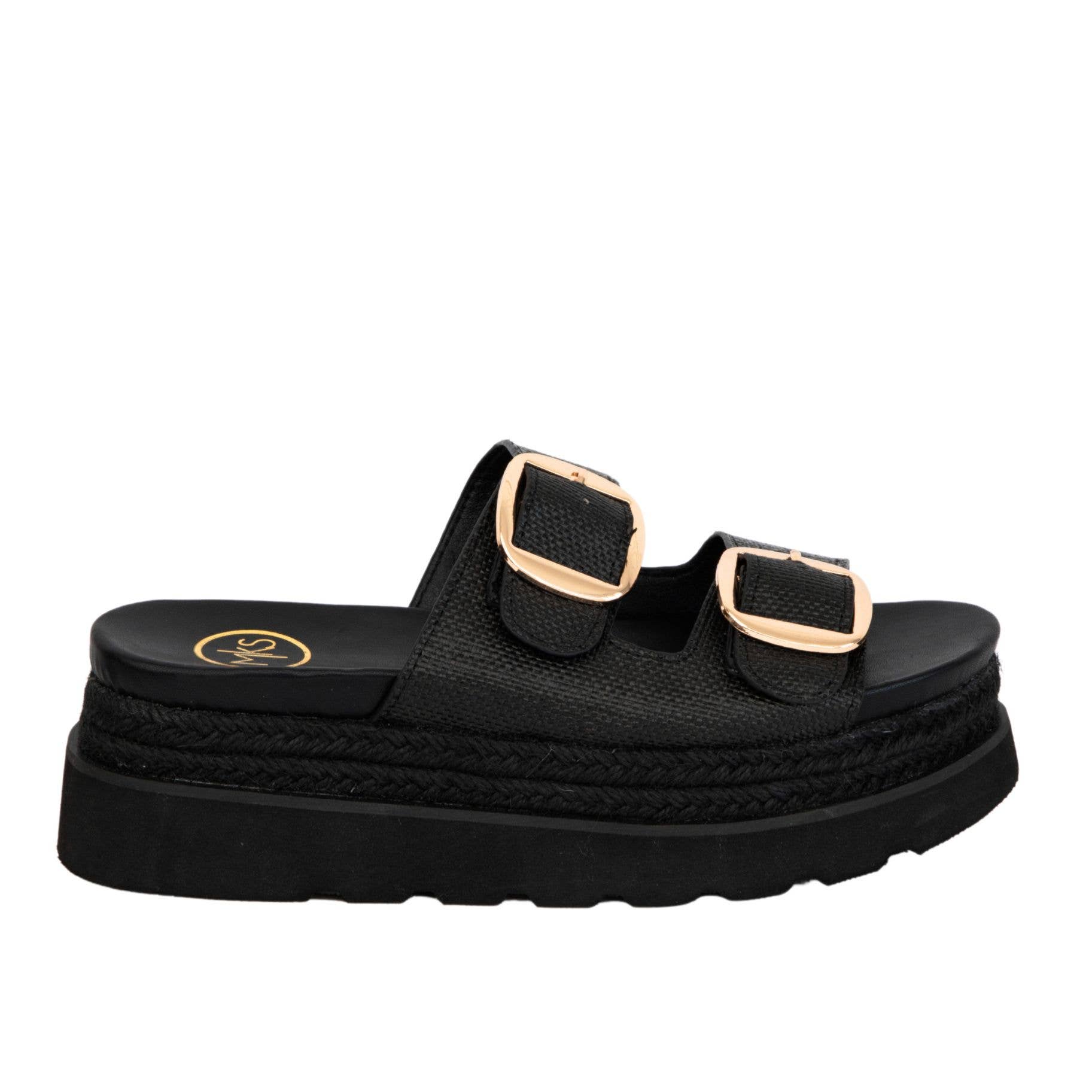 Monique Woven Platform Slide Sandal with Gold Buckle Detail