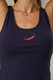 U NECK SLEEVELESS CHILLI EMBROIDERED RIBBED TANK TOP
