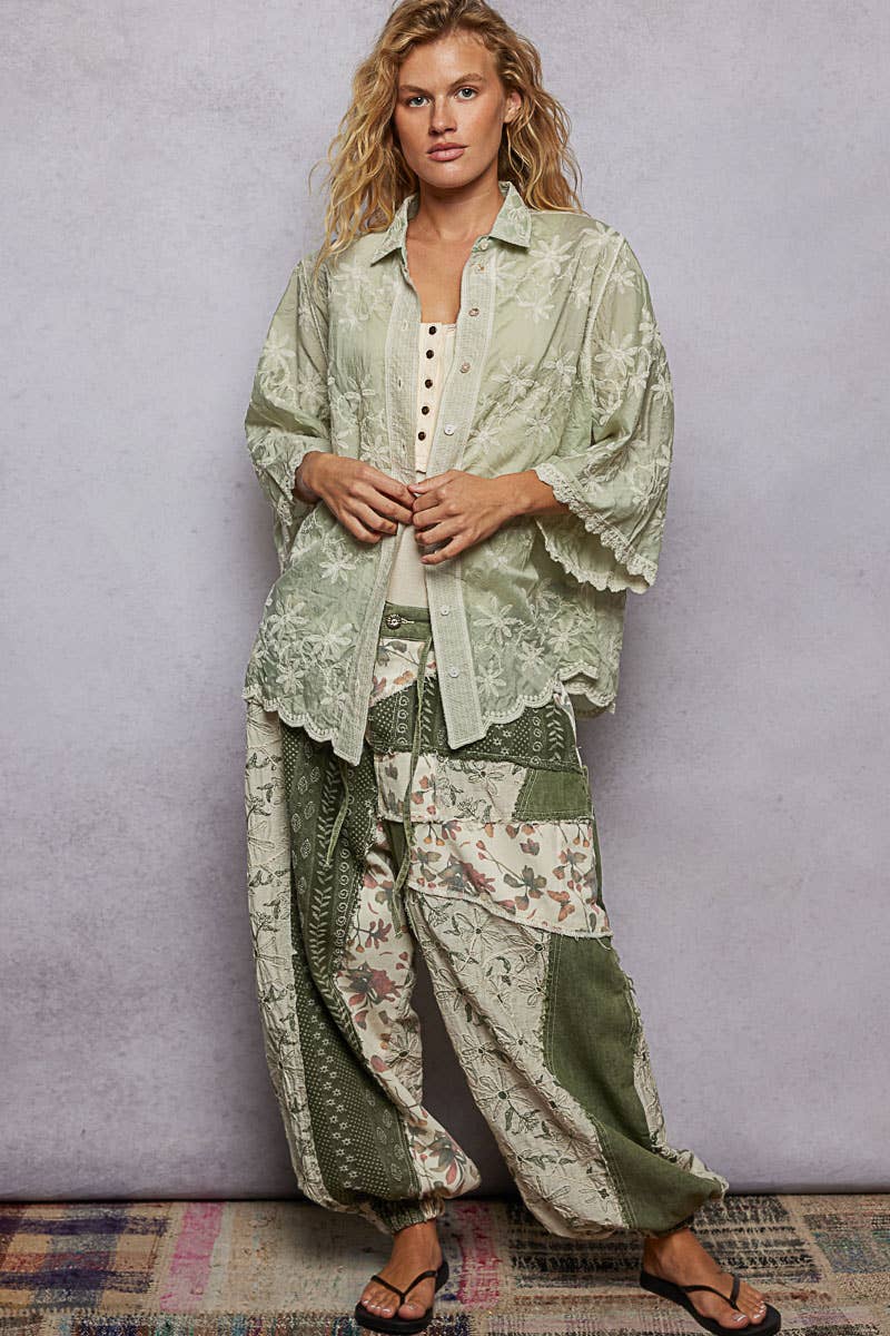 Scalloped Edges Embroidered Floral Half Sleeve Shirt