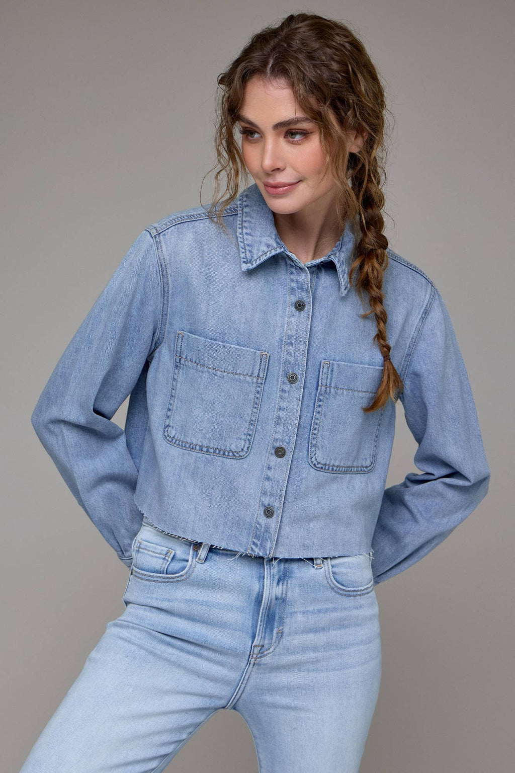 Light wash cropped denim shirt