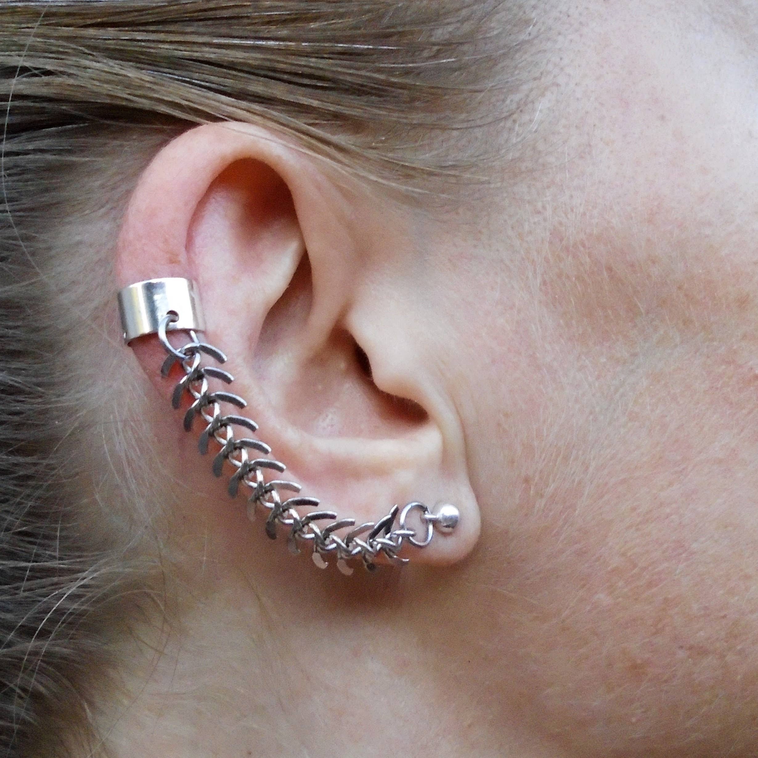 Silver Fishbone Chain Ear Cuff: Sterling Ball Post Earring