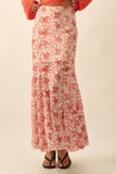 Floral-Print Mesh Godet Pleated Mermaid Maxi Skirt