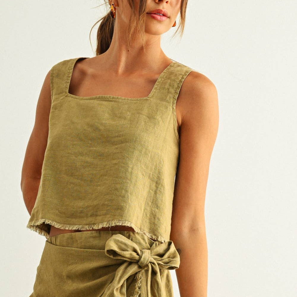 SHORT SLEEVE SQUARE NECK RAW HEM TOP