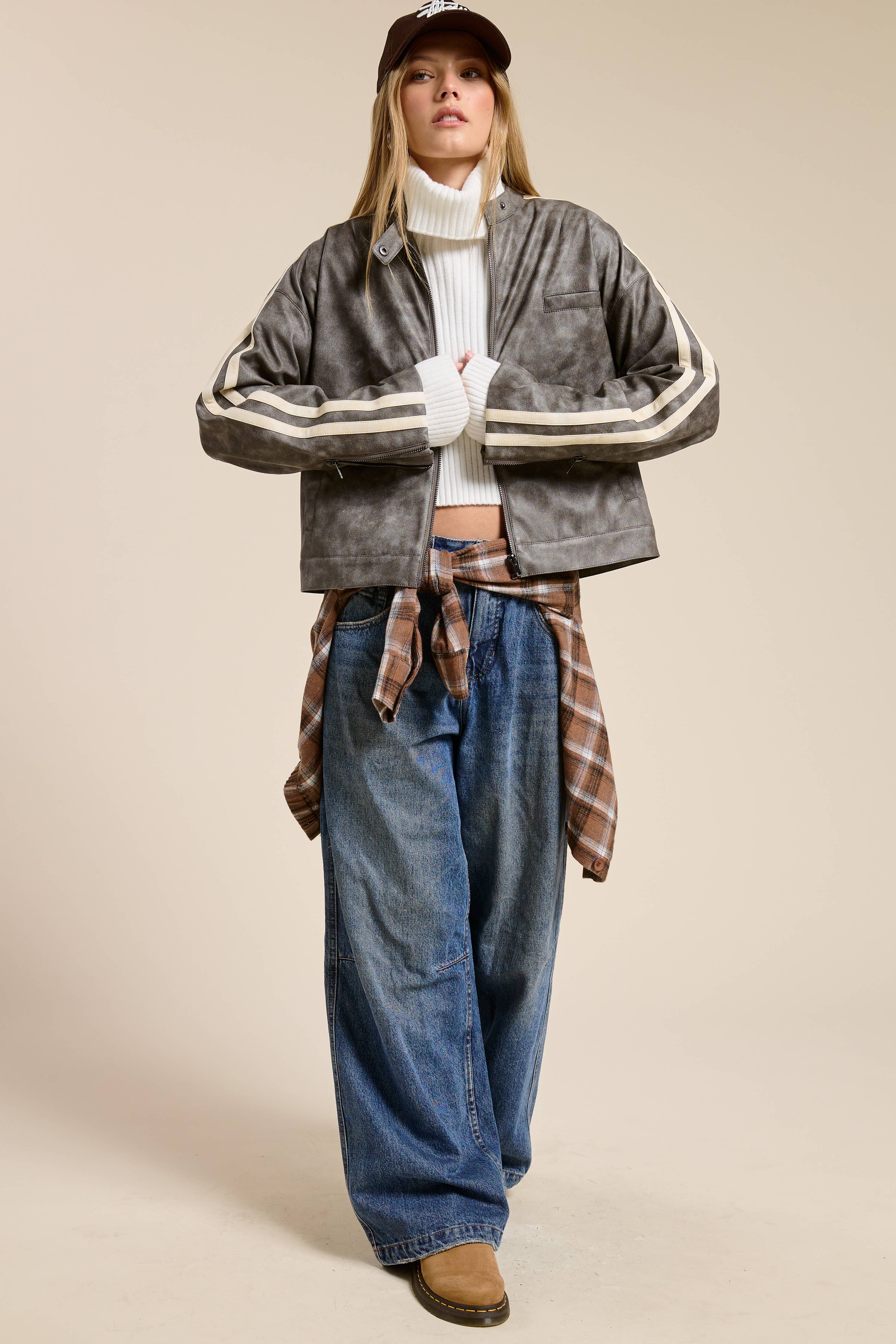 Washed Faux Leather Moto Jacket with Stripe Detail