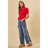 Mid Rise Straight Leg Denim Side Lace Up Jeans