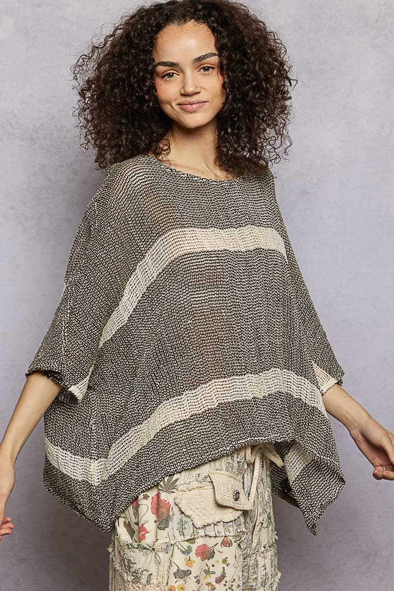 Stripe Round Neck Short Sleeve Crochet Top