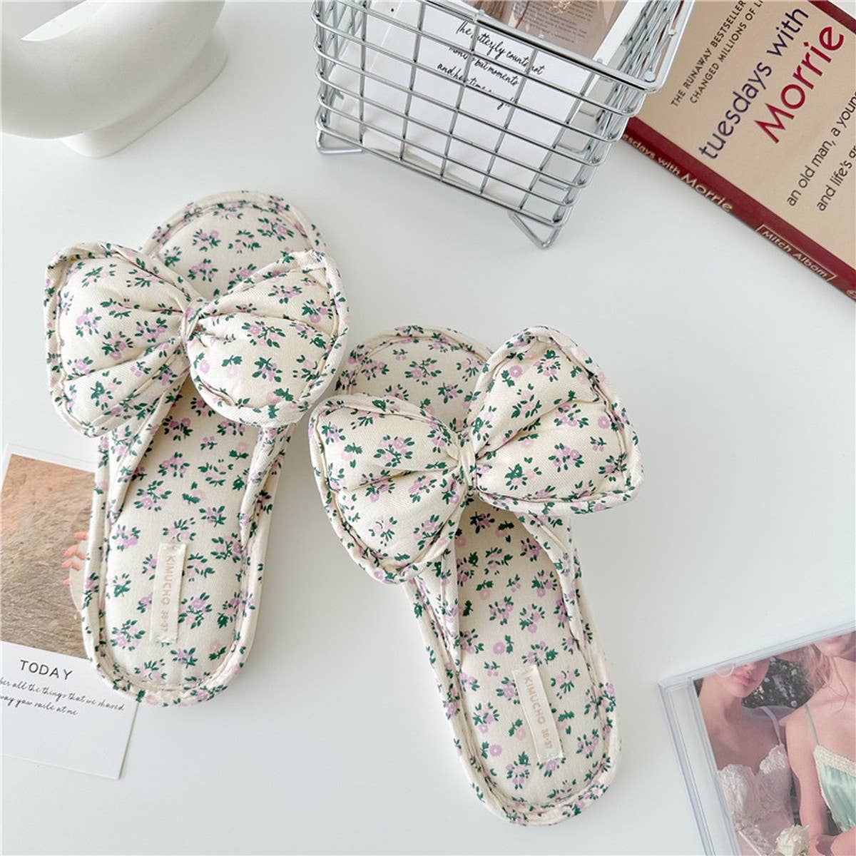 SMALL FLORAL BOW WATERPROOF THICK-SOLED SLIPPERS_CWMM2967: Beige / (8.5) 1