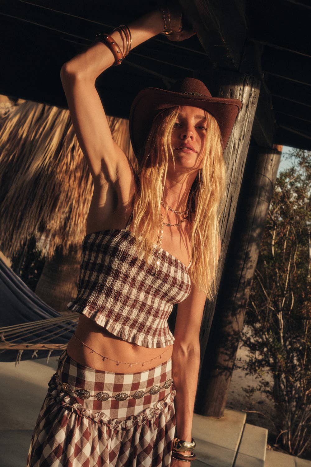 Gingham Plaid Smocked Cropped Ruffle Cami Top