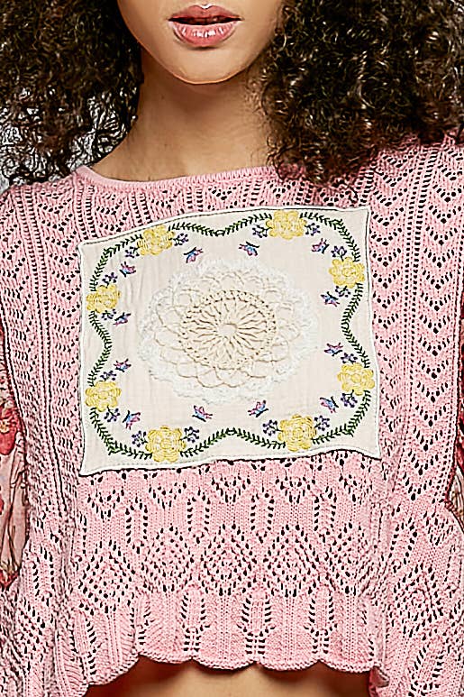 Round Neck Ruffle Embroidered Acrylic Thin Sweater Top