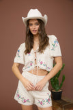 Floral Embroidery Crop Tie Blouse