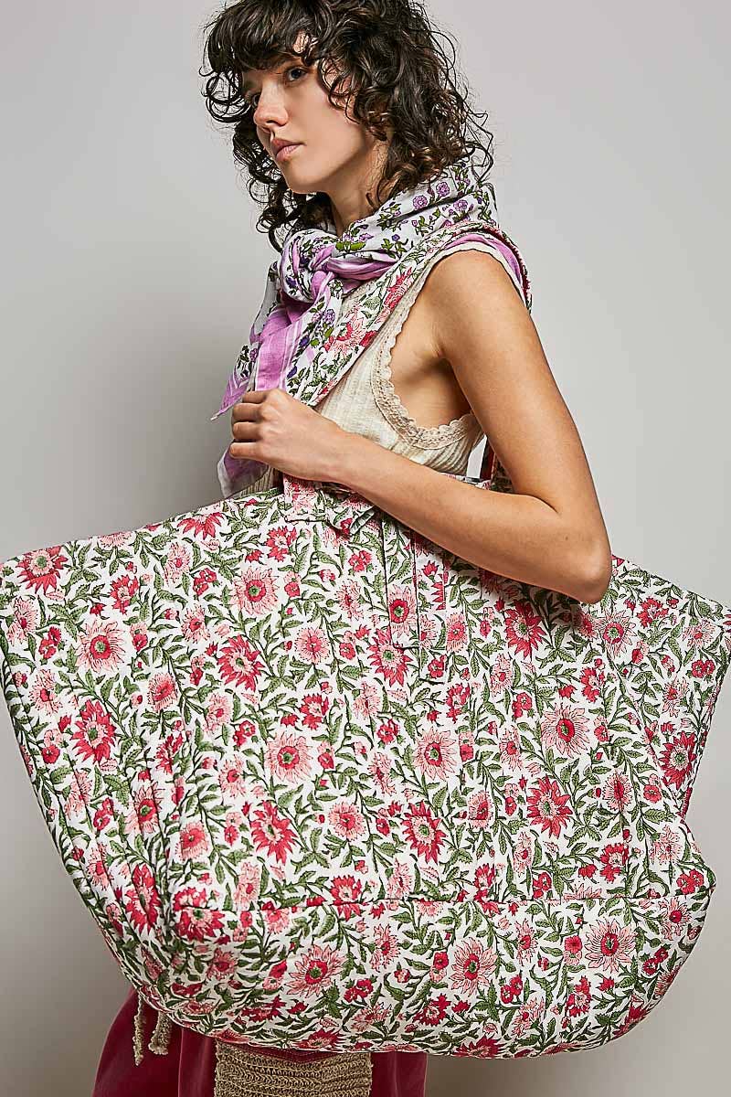 Ribbon-Tie Quilted Floral Jumbo Tote Bag